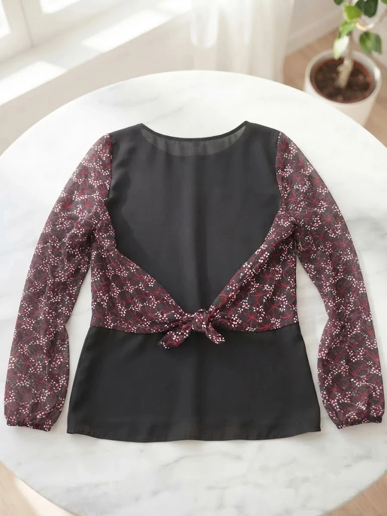 Jolie blouse fluide noire à motif & nœud dans le dos – Taille 40 – photo 2